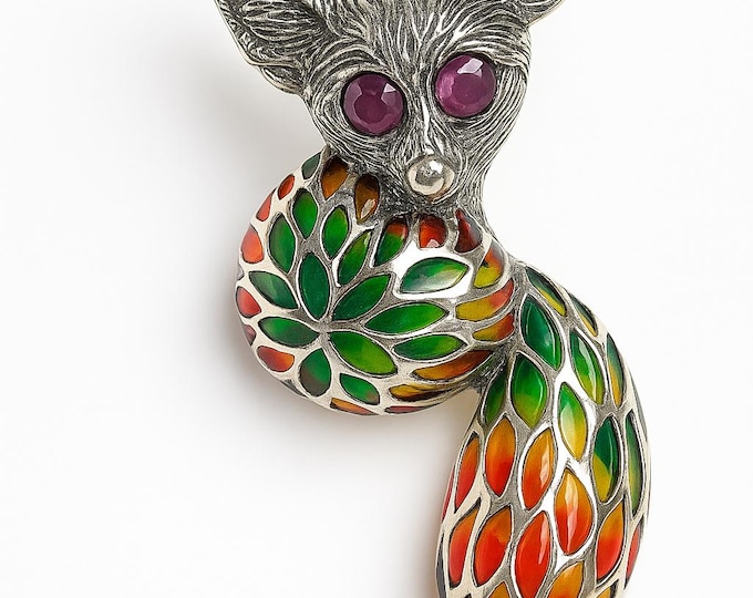 Antique Inspired Enamel Plique a Jour Ruby Fox Pendant Brooch 925 Sterling Silver