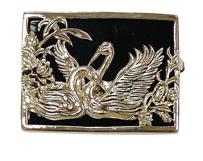 Antique Style Onyx Two Swan Brooch 925 Sterling Silver Hallmarked