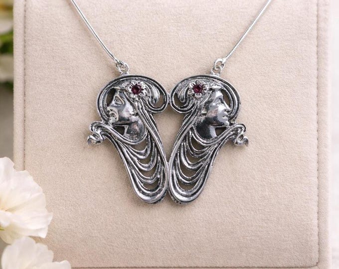 Art Nouveau Silver Lady Face Necklace with Ruby Accent Antique Style Goddess Pendant Vintage Inspired Statement Jewellery