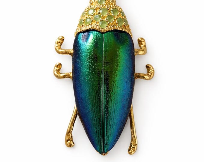 Emerald Ruby Insect Brooch, Iridescent Green Blue Sterling Silver Statement Pin