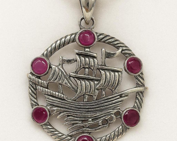 Antique Inspired Ruby and Emerald Ship Pendant 925 Sterling Silver