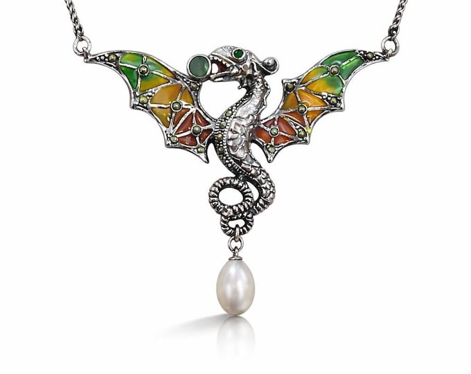 Plique à Jour Dragon Necklace, Sterling Silver Art Nouveau Pendant with Pearl Drop, Vintage Style Enamel Fantasy Jewelry
