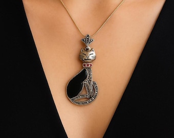 Vintage 925 Sterling Silver Cat Pendant Necklace, Marcasite & Onyx, Ruby Collar
