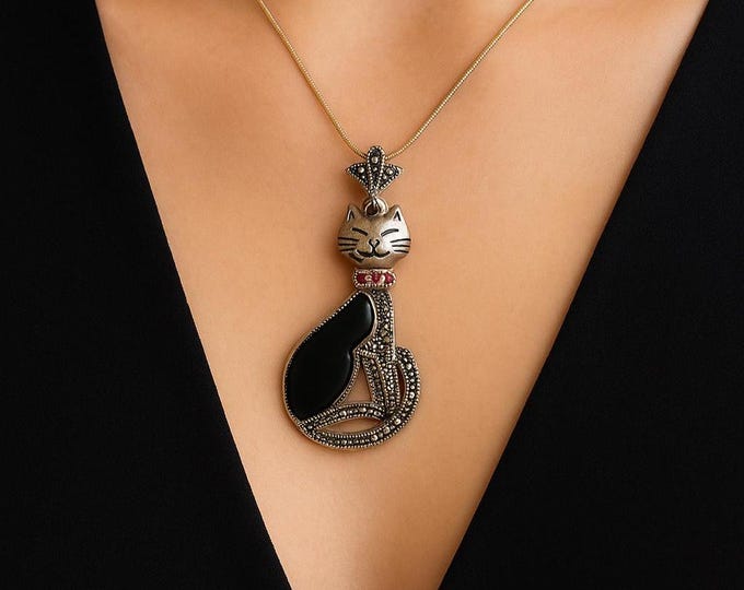 Vintage Cat Pendant Necklace 925 Sterling Silver Marcasite & Black Onyx Cat Jewelry with Ruby Collar, Art Deco Style Gift for Cat Lovers