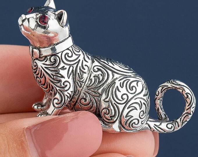 Vintage Style Sterling Silver Cat Figurine with Ruby Eyes Intricately Engraved 925 Silver Collectible Cat Ornament