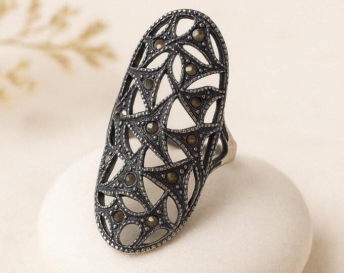 Vintage Style Sterling Silver Filigree Ring with Marcasite Accents Art Deco Statement Jewelry