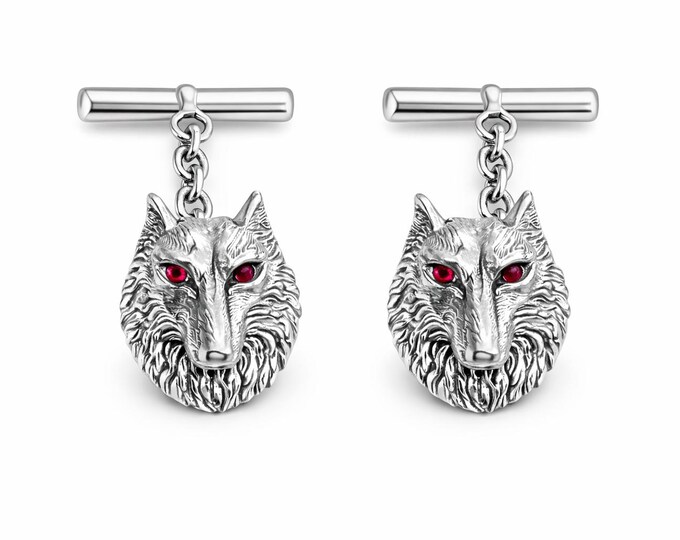 Sterling Silver Wolf Head Cufflinks with Ruby Eyes Mens Statement Jewelry Gift for Him