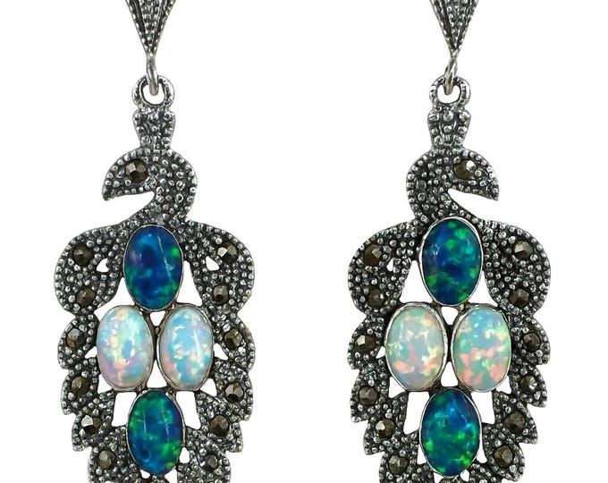 Art Deco Inspired Gilson Opal and Marcasite Peacock 925 Sterling Silver Earrings