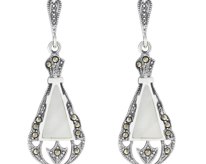 Art Deco Inspired Triangle Mother of Pearl, Turquoise, Lapis Lazuli, Coral and Marcasite 925 Sterling Silver Earrings Gift for Her