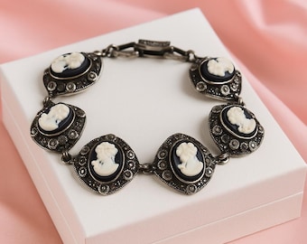 Vintage Cameo Bracelet 925 Sterling Silver Victorian Style Black and White Lady Cameo Panel Bracelet, Antique Inspired Jewelry for Women