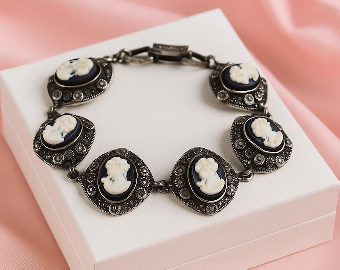 Vintage Cameo Bracelet 925 Sterling Silver Victorian Style Black and White Lady Cameo Panel Bracelet, Antique Inspired Jewelry for Women