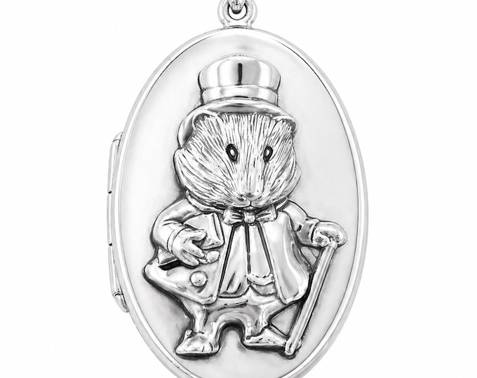 925 Silver Plate Gentleman Mouse Locket Pendant, Engraved Mouse Necklace