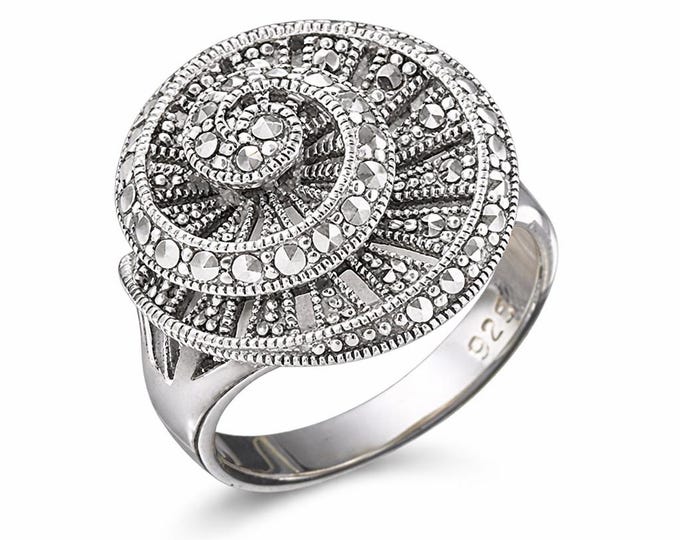 Vintage Marcasite Spiral Ring 925 Sterling Silver Statement Ring, Art Deco Style Circular Silver Ring