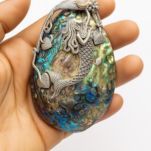 Art Nouveau Inspired Abalone Floral Mermaid Freshwater Pearl Pendant 925 Sterling Silver