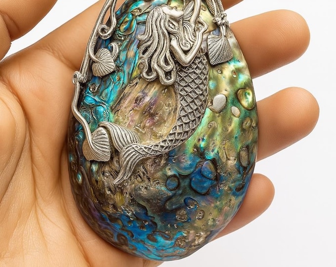 Art Nouveau Inspired Abalone Floral Mermaid Freshwater Pearl Pendant 925 Sterling Silver