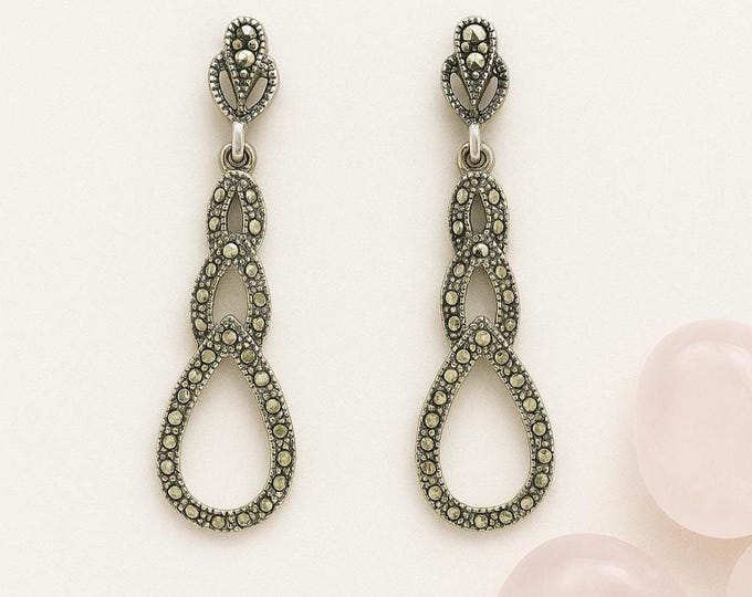 Vintage Sterling Silver Earrings with Marcasite Art Deco Dangle Drop Earrings, Intricate Filigree Design, Elegant Gift for Her