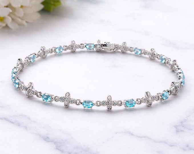 Sterling Silver Topaz & Marcasite Bracelet Vintage Style Blue Gemstone Link Bracelet
