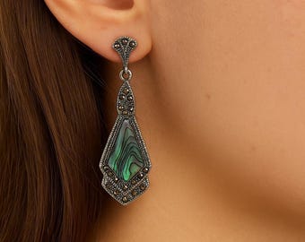 Vintage Art Deco Sterling Silver Abalone Earrings, Marcasite Dangle