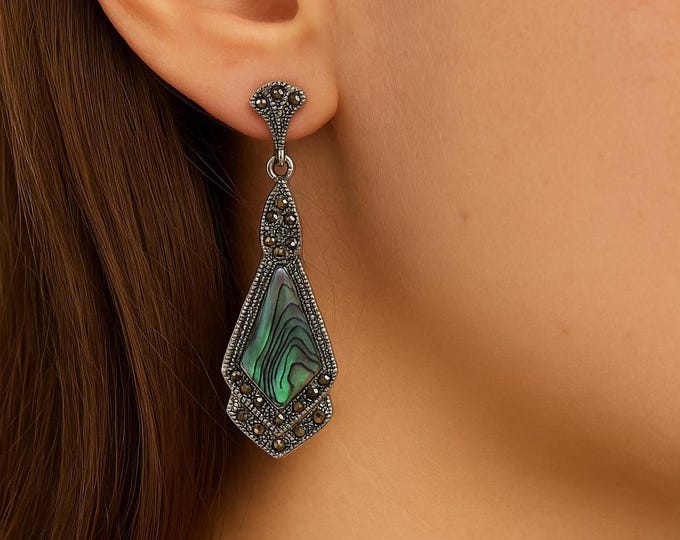 Vintage Art Deco Sterling Silver Abalone Earrings, Marcasite Dangle