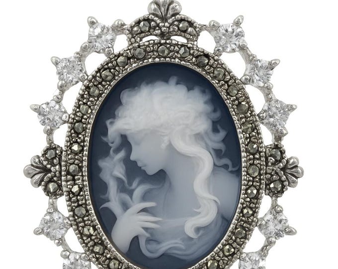 Vintage Style Silver Plated Cameo Pendant Necklace Oval Lady Profile with Marcasite and CZ Accents Victorian Inspired Statement Jewelry