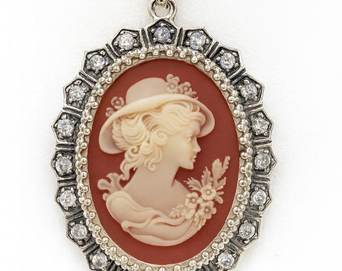 Vintage Style Silver Plated Cameo Pendant Necklace Oval Lady Profile with Marcasite and CZ Accents Victorian Inspired Statement Jewelry