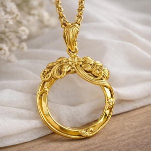 Gold Plated Art Nouveau Inspired Collectable Floral Magnifying Glass Pendant 925 Sterling Silver