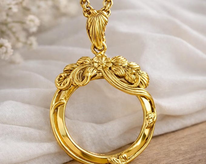 Gold Plated Art Nouveau Inspired Collectable Floral Magnifying Glass Pendant 925 Sterling Silver