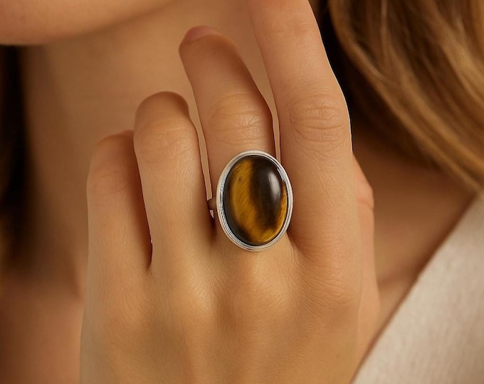 925 Sterling Silver Tiger’s Eye Ring Natural Gemstone Statement Ring, Brown Golden Crystal Jewelry, Healing Stone Gift for Her