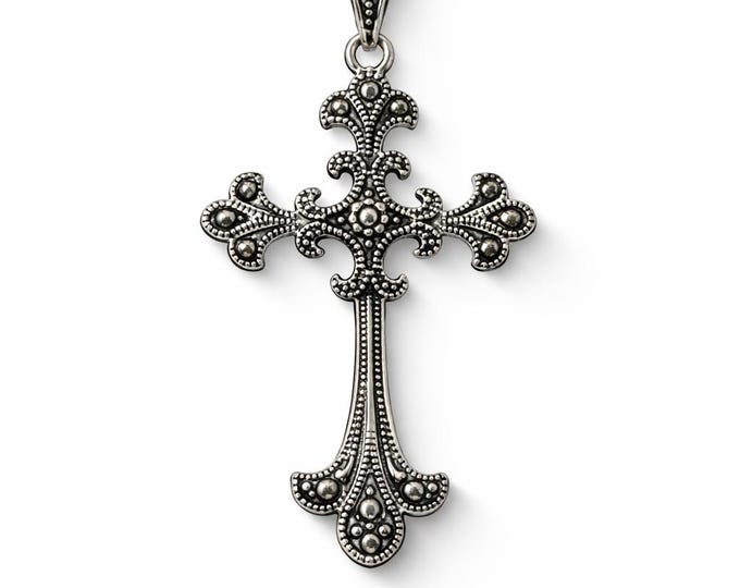 Vintage Marcasite Cross Pendant, Sterling Silver Filigree Necklace
