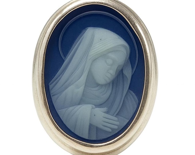 Vintage Style Sterling Silver Blue Cameo Ring Religious Virgin Mary Intaglio Oval Statement Jewelry