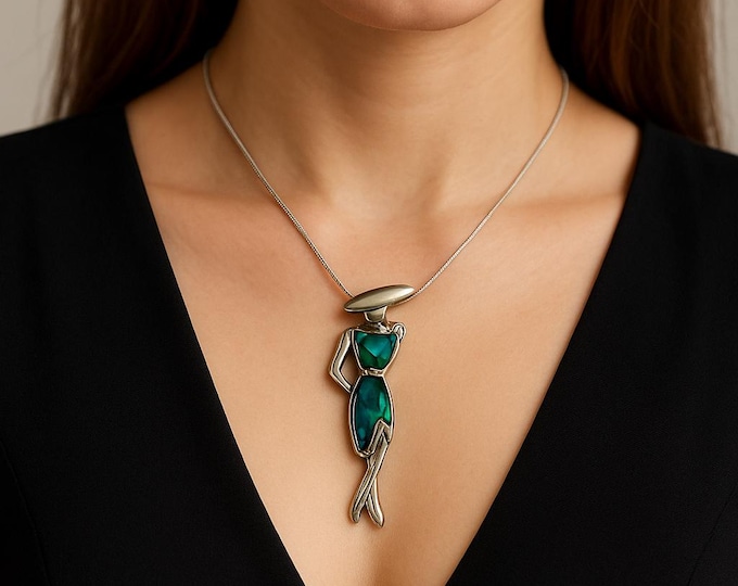 Art Deco Mother of Pearl and Abalone Lady Pendant 925 Sterling Silver