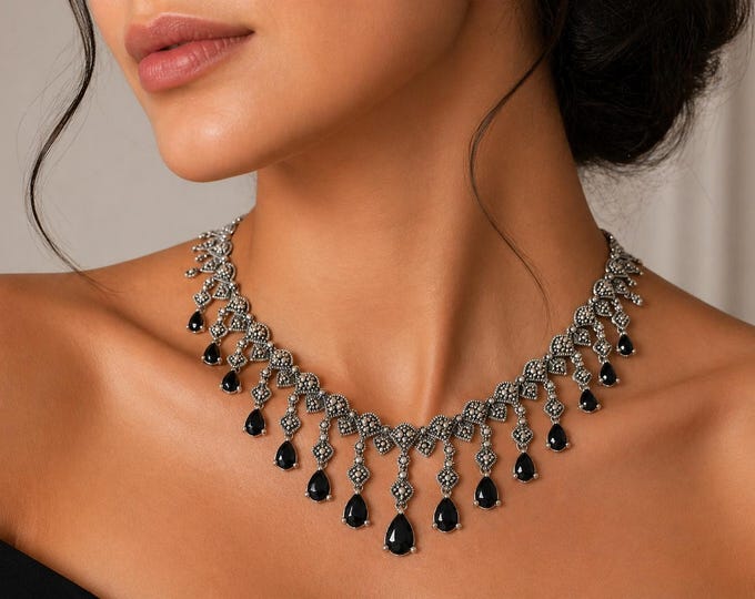 925 Sterling Silver Onyx and Marcasite Necklace Vintage Inspired
