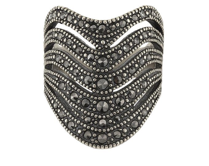 Vintage Style Sterling Silver Ring with Marcasite Accents Art Deco Statement Jewelry