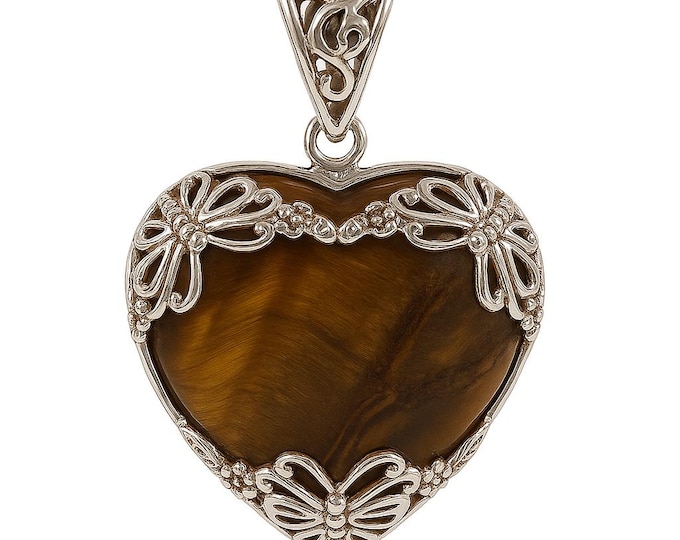 Art Nouveau Inspired Butterfly Tigers Eye Heart Pendant 925 Sterling Silver