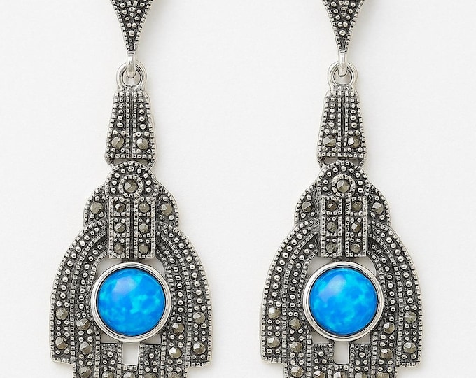 Art Deco Inspired White Blue Gilson Opal and Marcasite 925 Sterling Silver Earrings
