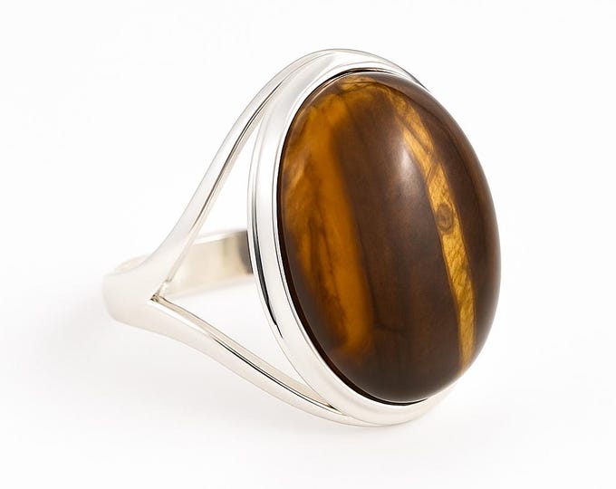 925 Sterling Silver Tiger’s Eye Ring Natural Gemstone Statement Ring, Brown Golden Crystal Jewelry, Healing Stone Gift for Her