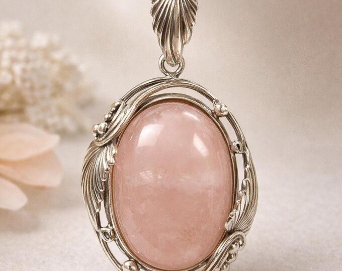Art Nouveau Inspired Rose Quartz Pendant 925 Sterling Silver
