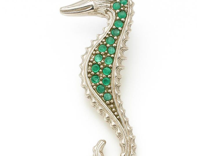 Vintage Seahorse Brooch 925 Sterling Silver with Emerald Gemstones, Ocean-Inspired Nautical Jewelry, Collectible Sea Life Pin
