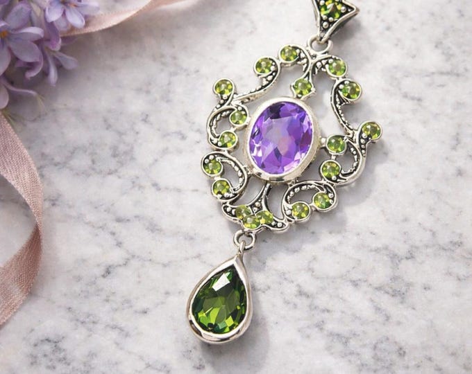 925 Sterling Silver Amethyst and Peridot Pendant Necklace Purple Amethyst Statement Jewelry February Birthstone Gift