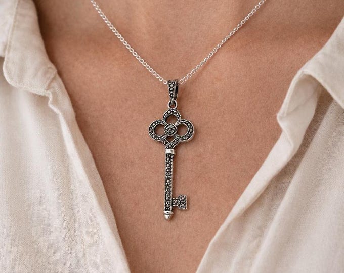 925 Sterling Silver Marcasite Key Pendant Necklace Antique Inspired Jewellery Gift for Her