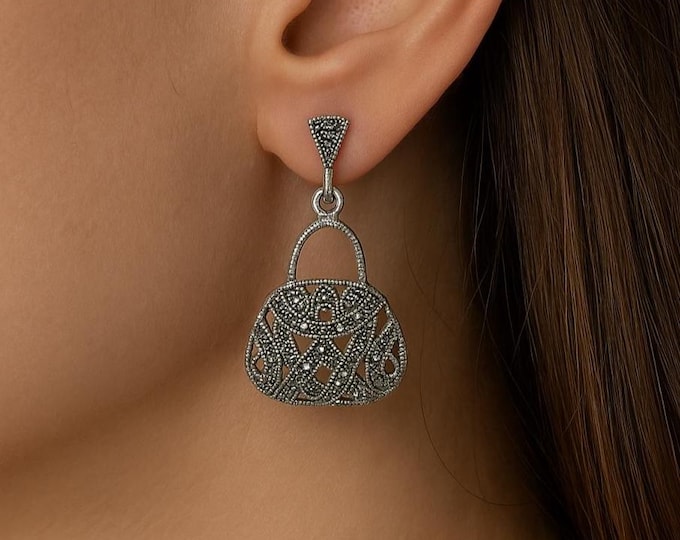Vintage Sterling Silver Handbag Earrings with Marcasite Detail Retro Purse Dangle Drop Earrings Gift for Her