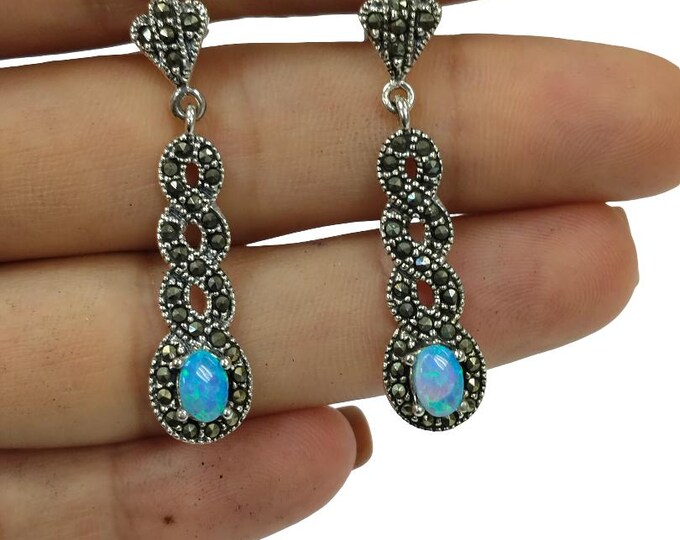 Art Deco Inspired Blue Gilson Opal and Marcasite 925 Sterling Silver Earrings