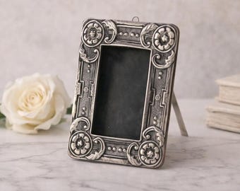 Sterling Silver Mini Photo Frame, Floral Antique Finish, Family Keepsake