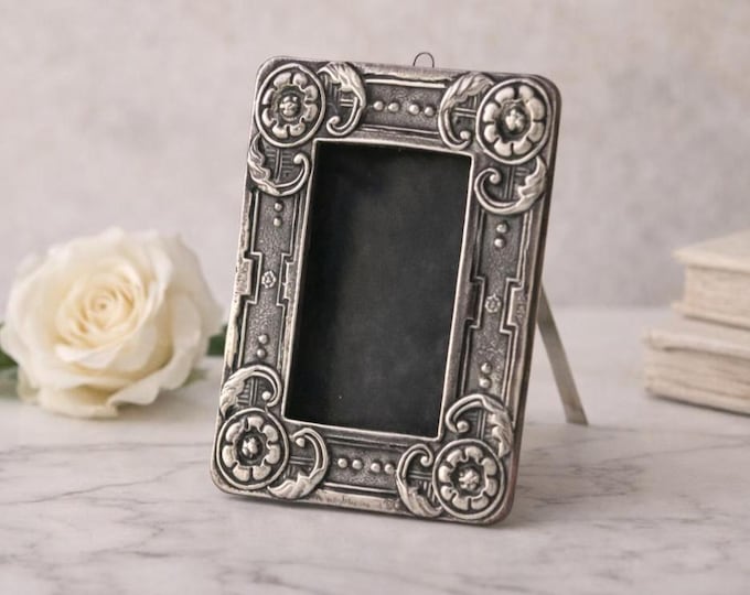 Sterling Silver Mini Photo Frame, Floral Antique Finish, Family Keepsake