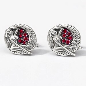 Lady on Moon Cuff Links - Antique Style Ruby Sterling Silver Mens Gift