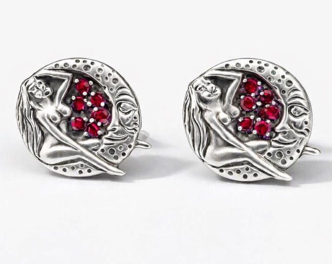 Lady on Moon Cuff Links - Antique Style Ruby Sterling Silver Mens Gift