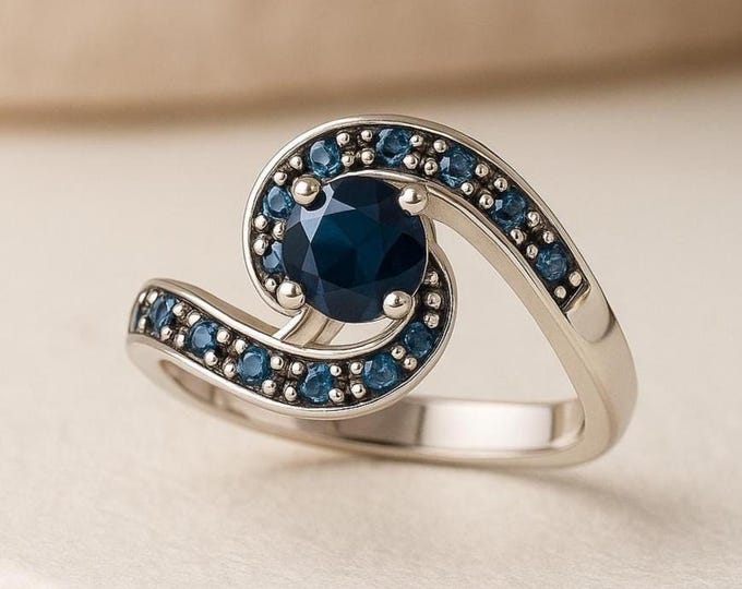 Genuine Chantaburi Sapphire Ring 925 Sterling Silver Multi-Stone Sapphire Band Natural Deep Blue Sapphire Jewelry Thai Sapphire Gift for Her