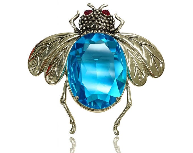Victorian Style Insect Aquamarine and Onyx Crystal Stone Pendant/Pin Brooch 925 Sterling Silver