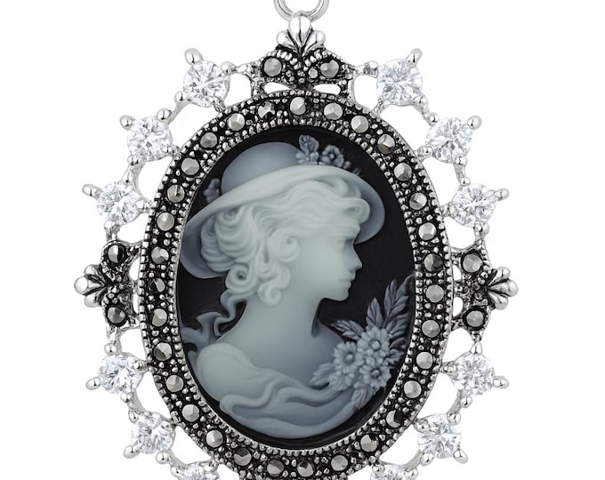 Vintage Style Silver Plated Cameo Pendant Necklace Oval Lady Profile with Marcasite and CZ Accents Victorian Inspired Statement Jewelry