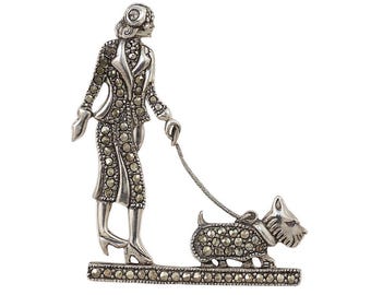 Antique Inspired Lady Walking Scottie Dog Marcasite Brooch 925 Sterling Silver